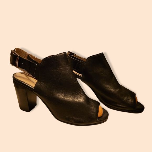 8.5 black genuine leather slingback boho chunky sandal heels - Picture 1 of 8